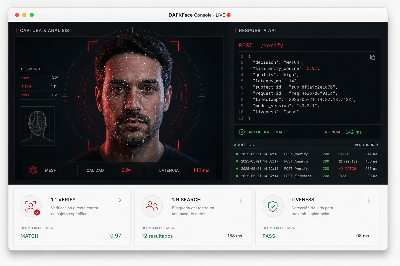 Consola DAFKFace: captura, análisis y respuesta de API.